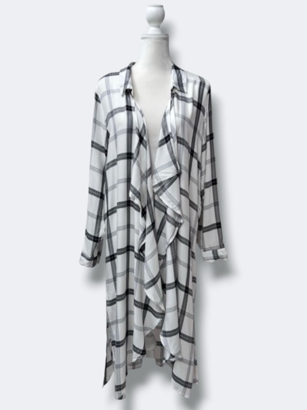 Dizzy Gal Lightweight Cardigan Duster Women's 1X Plaid Waterfall Long Sleeve